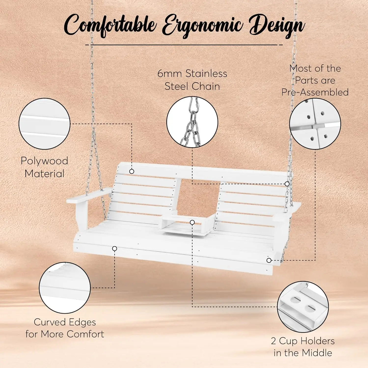 Heavy Duty Poly Lumber Hdpe Veranda Schommel Met Montageset En Accessoires Outdoor Hangstoel Met Bekerhouders Schommelbank