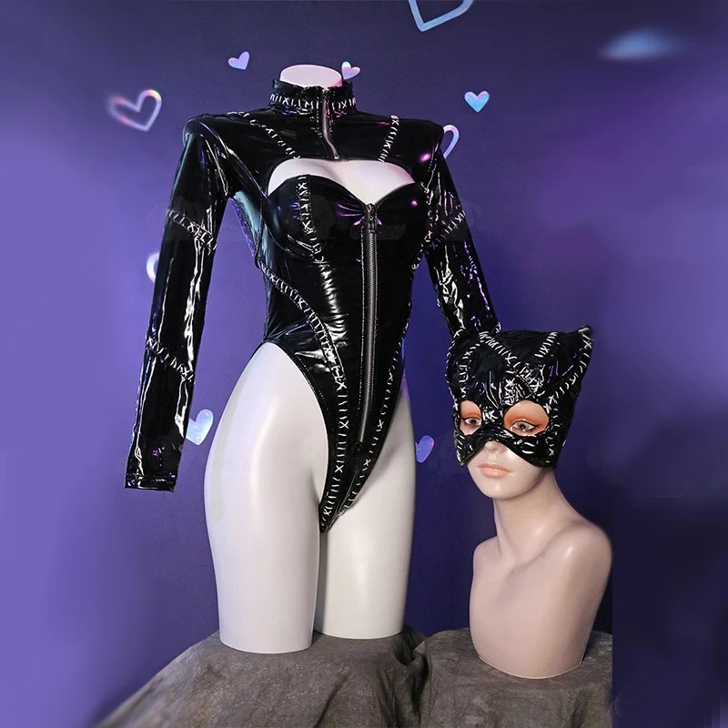 

Superhero Cosplay Black Cat Costume Women Sexy Leather Zipper Bodysuit Helmet Gloves Socks Suit Halloween Carnival Party Clothes