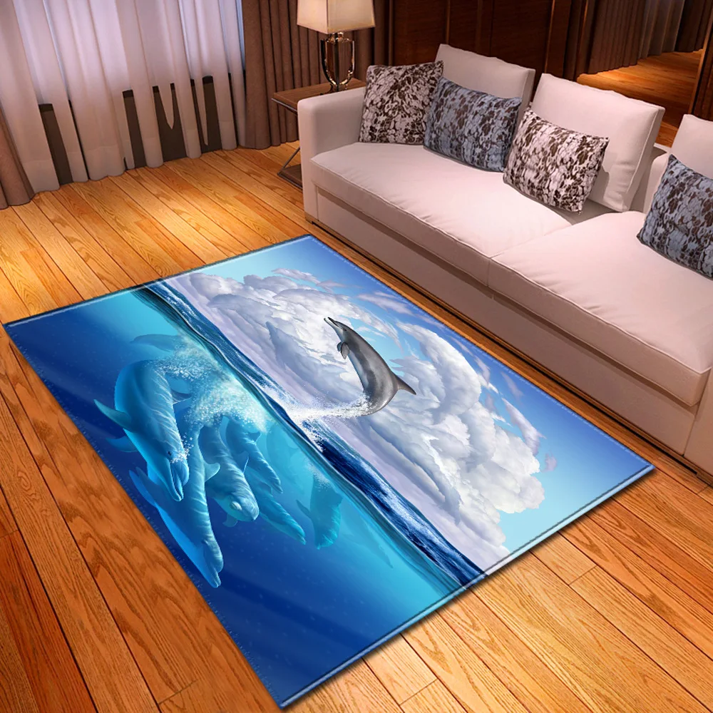 Underwater World Dolphin Printed Carpet Child Bedroom Play Crawl Floor Mat Home Living Room Decor Kitchen Anti-slip Floor Mat