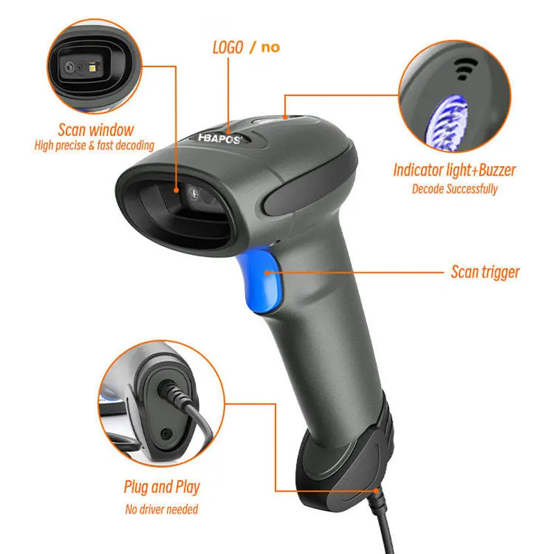 Handheld USB QR Barcode Scanner Wired Automatic 1D 2D Image Bar Code Reader for Store, Supermarket