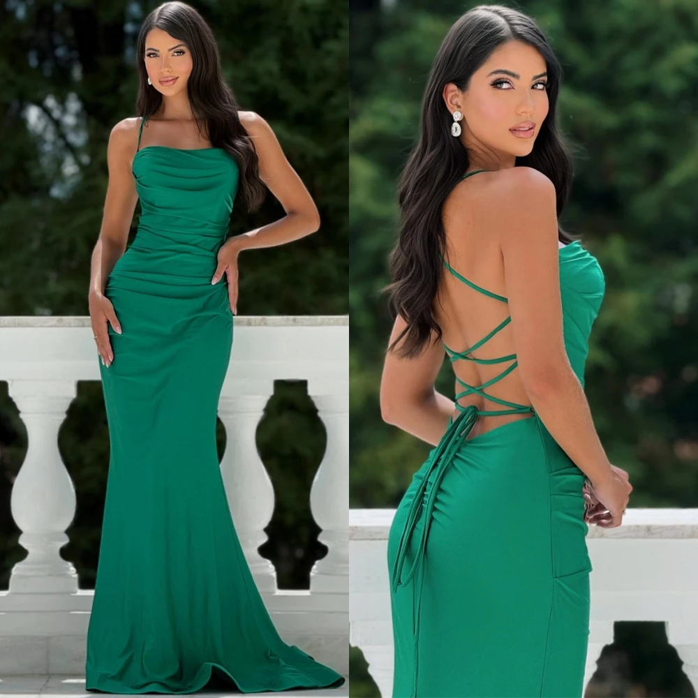

Customized Fashion Jersey Spaghetti Straps Evening Dress Simple Mermaid Prom Dresses Sexy Lace Up Back Special Occasion Gowns