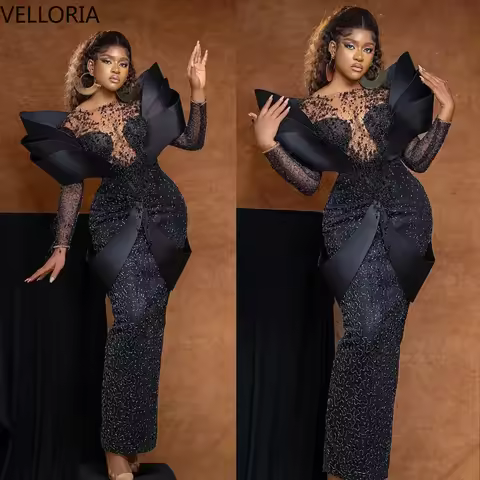 Black Aso Ebi Plus Size Evening Gown Long Sleeve Beaded Lace Birthday Dress Illusion Bodice Formal Dress for Women Customized