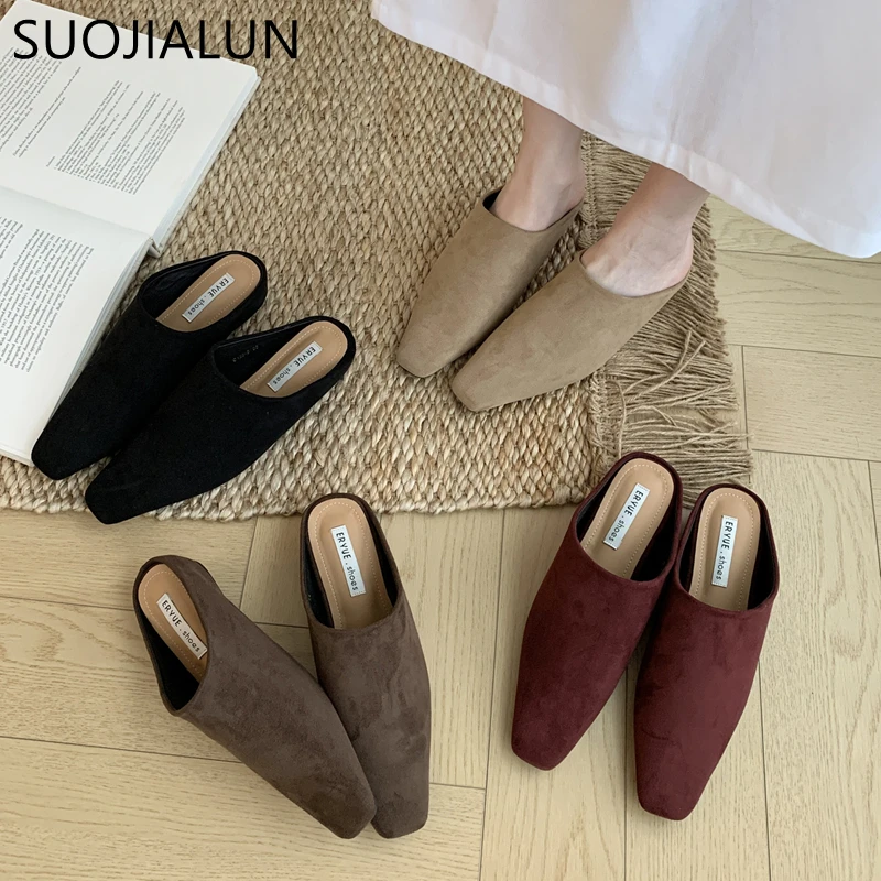 

SUOJIALUN, осенние новые брендовые женские тапочки, модные женские слипоны с круглым носком, элегантные туфли без шнуровки, мягкие шлепанцы на плоском каблуке