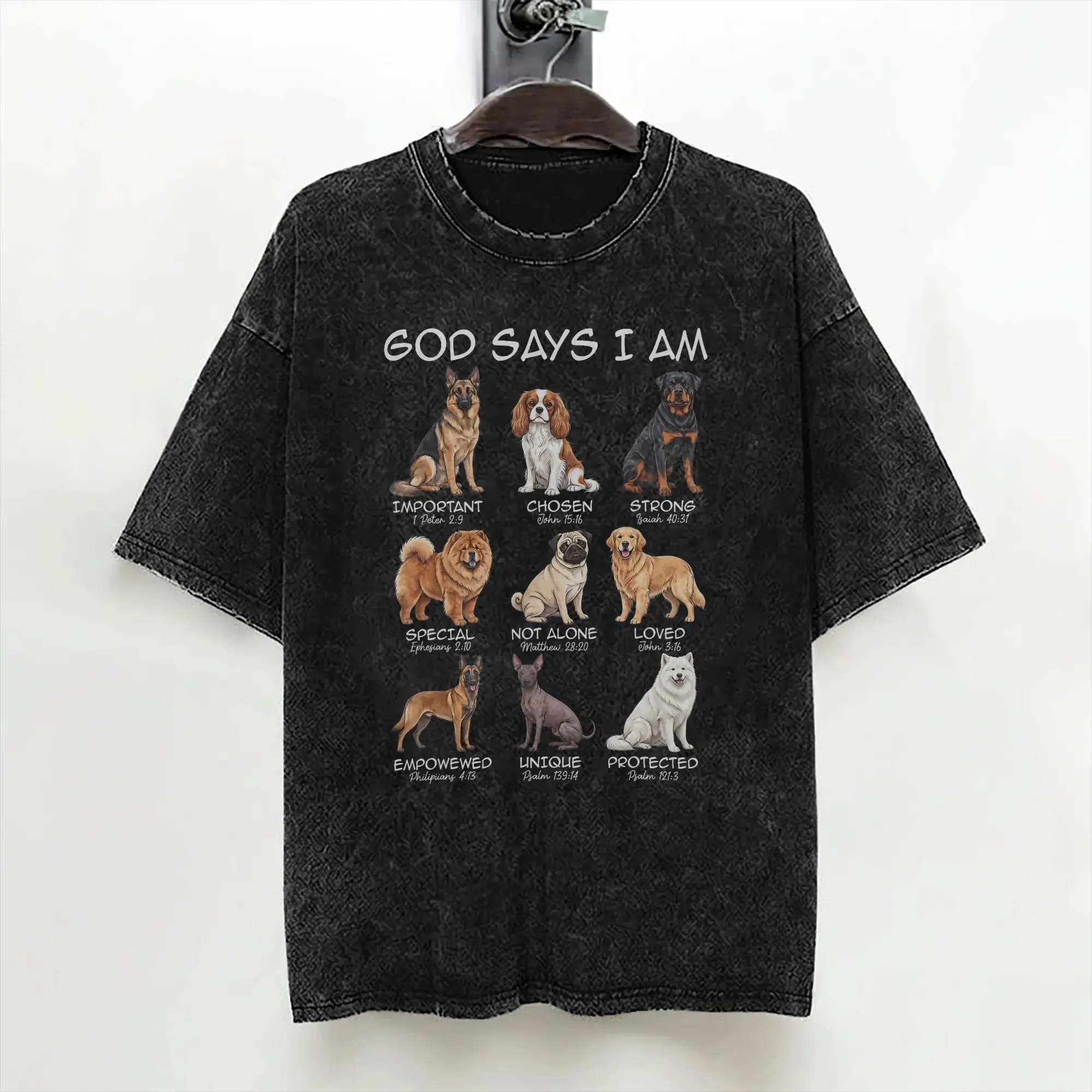 Christian Religious Dogs T Shirts Hip Hop Washed High Street T-Shirts  Vintage for Men Women Tops Streetwear Summer Tee Shirt