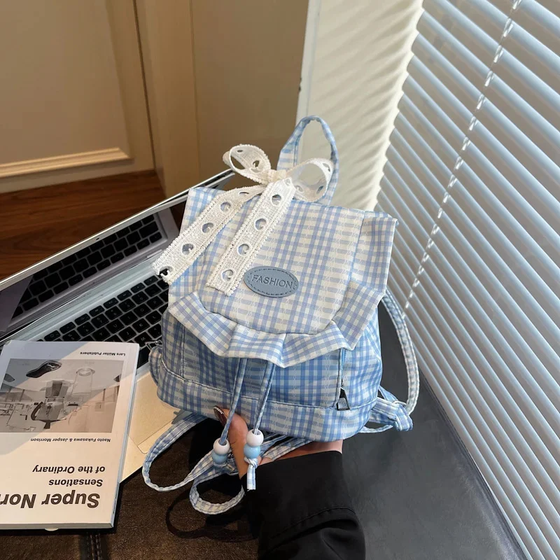 Blue Plaid Backpack Drawstring Lace Mini School Bag Women Cute Y2K College Rucksack Travel Daypack Bookbag