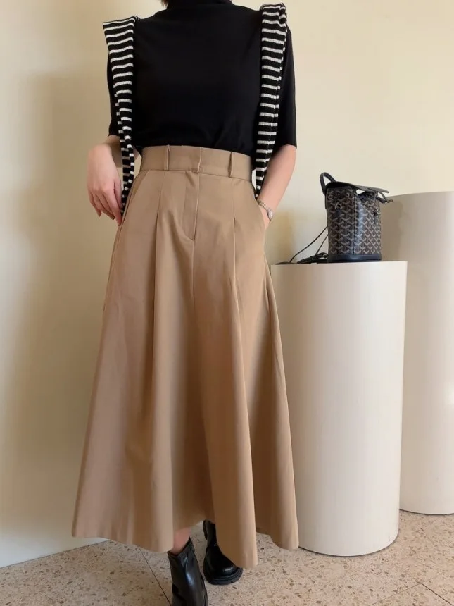 

High Waist A-Line Midi Skirt Women's Korean Style Khaki Elastic Waist Large Skirt Casual Commute Polyester Fiber