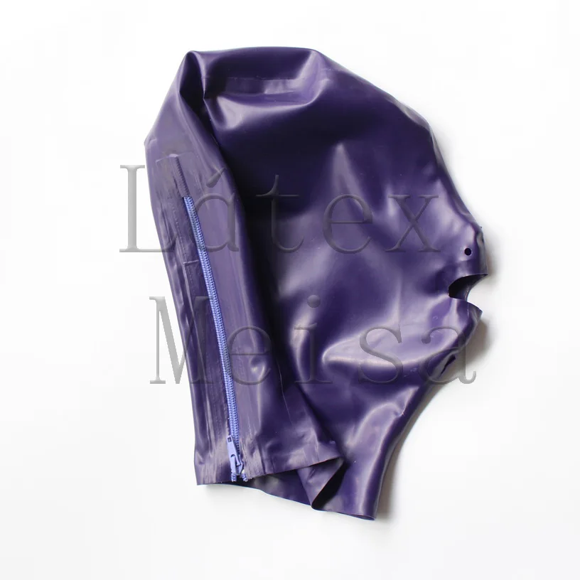 

purple head Latex hoods open nostrils and mouth attached back zip for adults