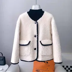 Women Loose Lmitation Lamb Wool Coat Autumn Female Splicing Together Short Jacket Korean Ladies Round Neck Outwear