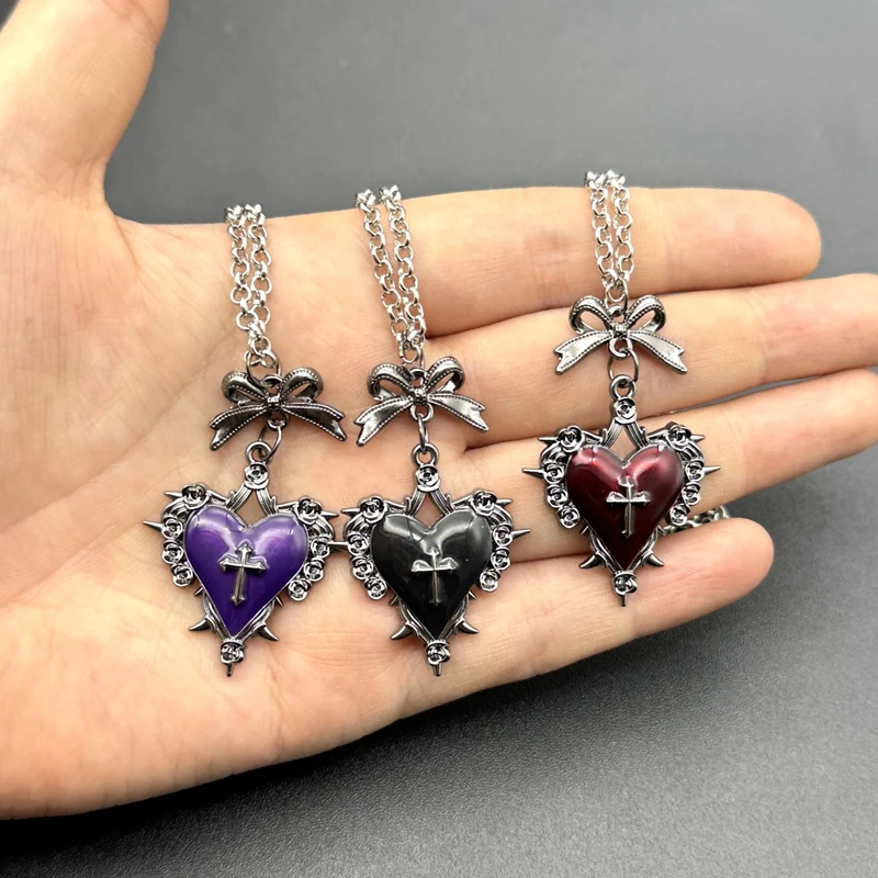

Death Cross Heart Necklace, Gothic jewelry, rose, Thorn, Vintage accessories, Y2k Choker, Witch, Pagan, For Women Man，Trend