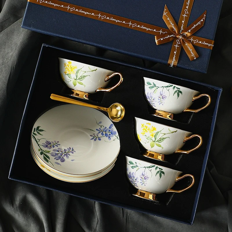 

European Style Bone China Coffee Cup Saucer High End Exquisite British Afternoon Tea Set Ceramic Water Cup Souvenir