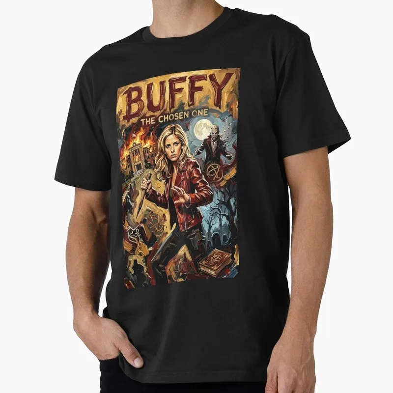 Buffy Inspired Graphic T-Shirt, 0811 Vintage Vampire Slayer Print Tee, Retro Horror Series Short Sleeve Casual Shirt US Size Top