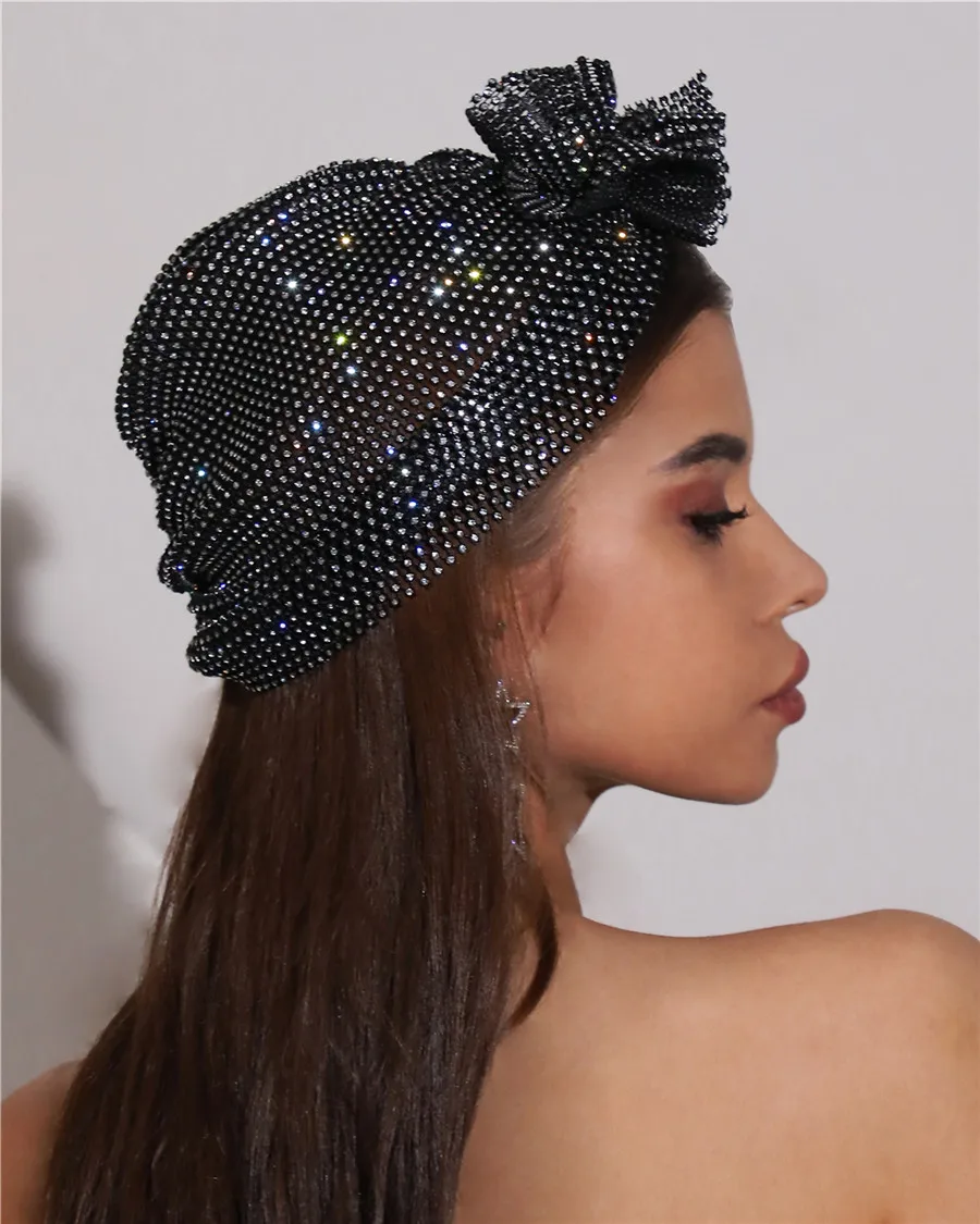 New Women Glitter Rhinestone Jewel Turban Hats Chemo Bandana Hijab Pleated Indian Cap Turbante Hat Ladies Hair Accessories Hat