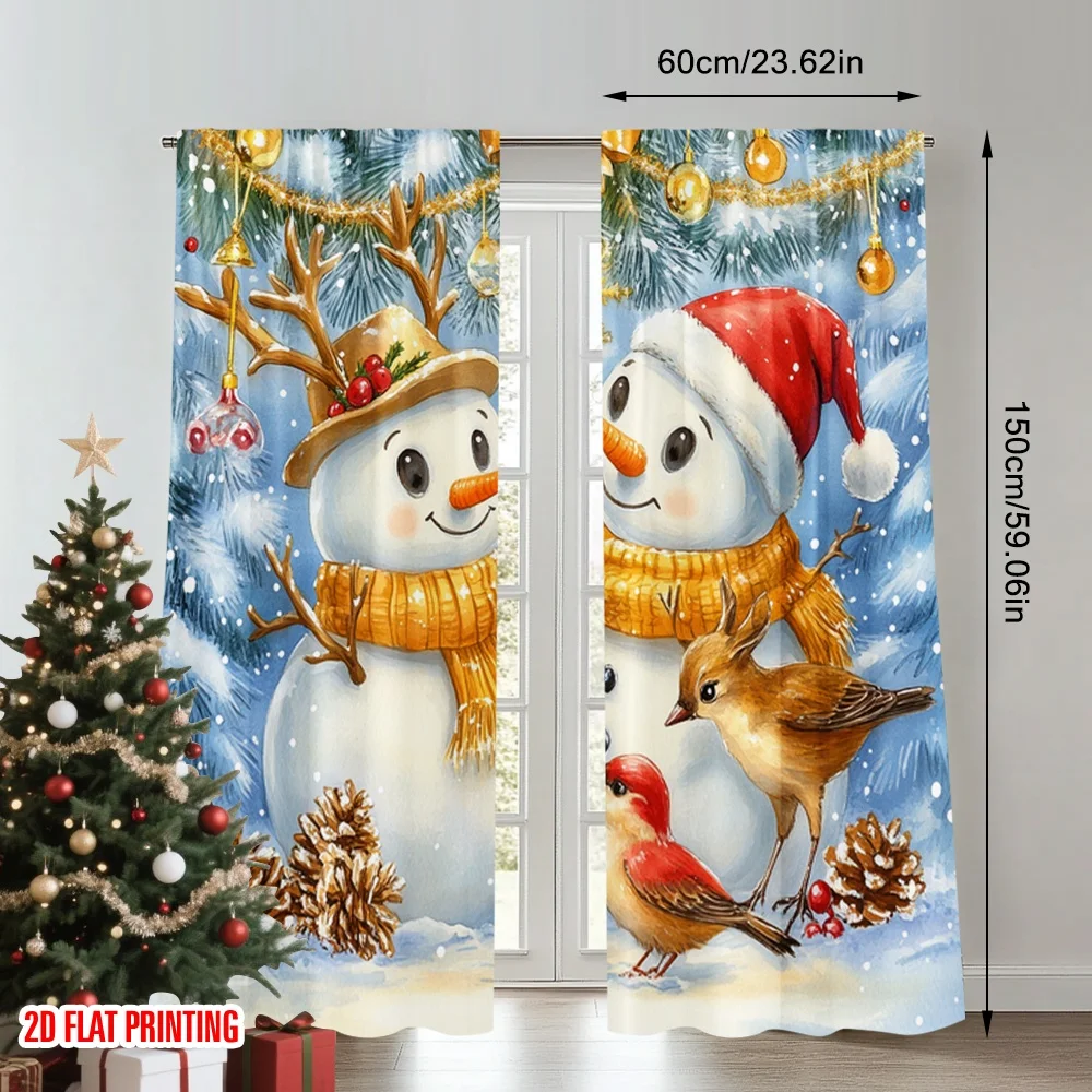2pcs 2D flat printing Merry Christmas Popular Curtain Cute Snowman Deer Bird 100% Polyester Without Electricity Festive Holiday