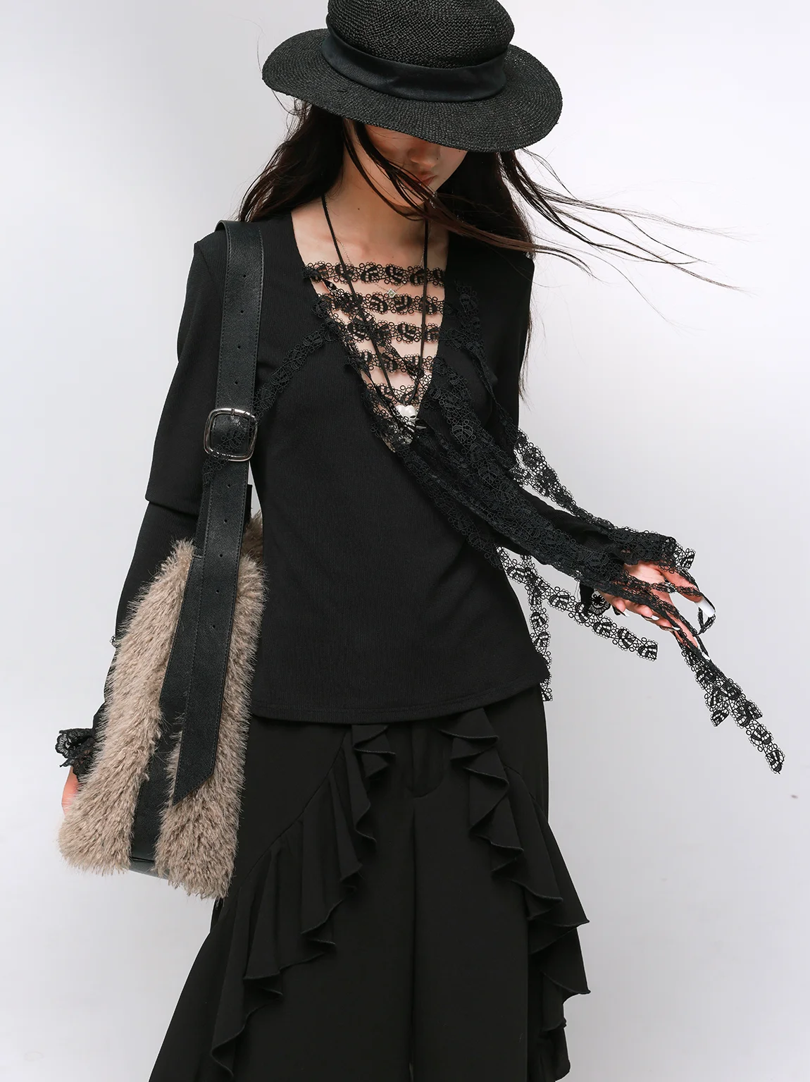 

k Millennium Кружевной вязаный эластичный базовый слой Верх спереди Ba Носите подарок Женский облегающий крой V Ne Long Sve irt