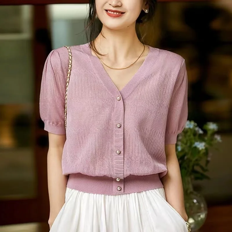 TuangBiang Female Summer 2023 Hollow Out Delicate Button Pullovers V-Neck Knit Short Sleeves T-Shirts Women Thin Loose Pink Tops