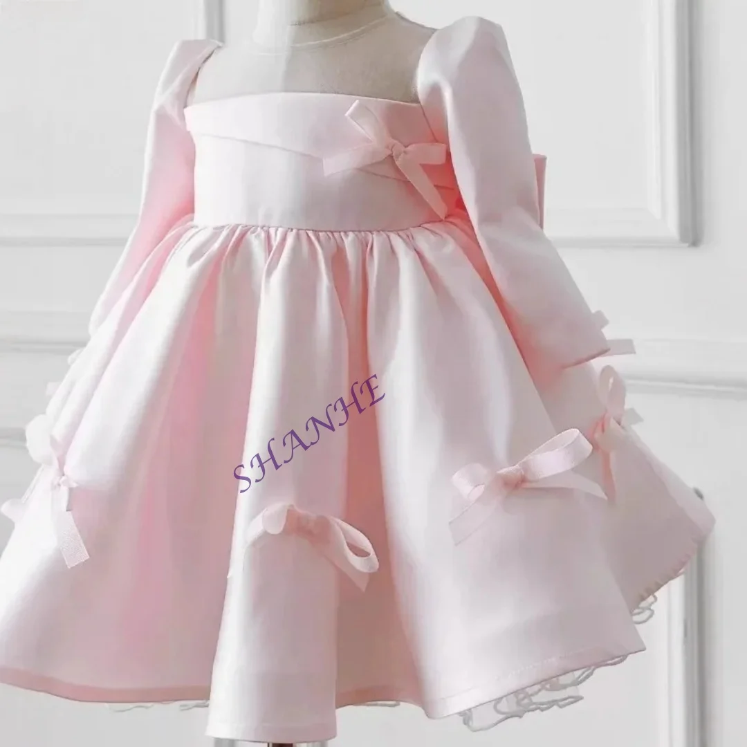 

Розовое атласное платье для девочек по индивидуальному заказу, платье с маленьким бантом для девочек с цветочным узором, новое детское платье для дня рождения, выступления на фортепиано, пышное платье принцессы