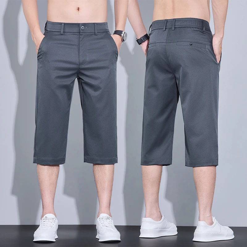 

Мужские летние повседневные шорты из ледяного шелка, корейские свободные прямые модные деловые быстросохнущие тонкие брюки длиной до икры, брендовая одежда