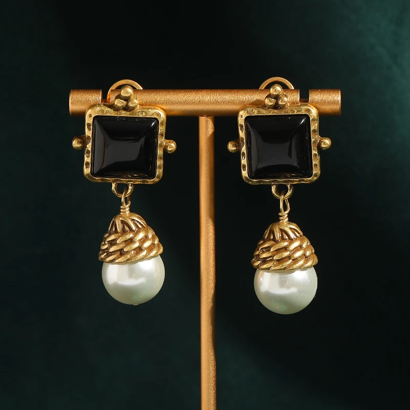 

Square Black Stone Big Pearl Earrings Antique Vintage Drop Weave Gold Color Accessories for Woman Luxury Designer Indian Jewelry