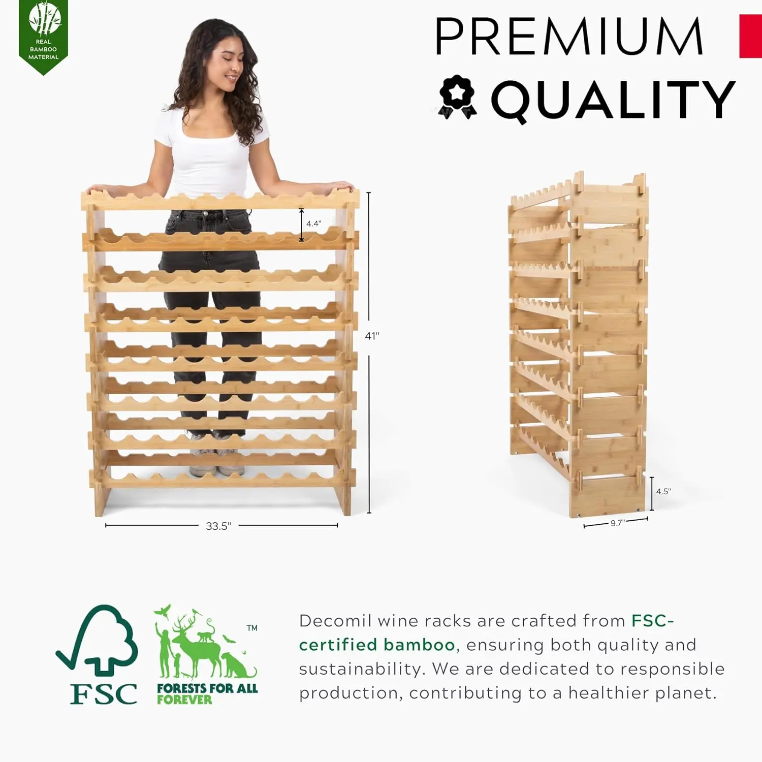 72 botol Stackable Modular rak anggur rak penyimpanan anggur bambu Solid tempat anggur rak pajangan, Wobble-Free (delapan tingkat, 72 Bo