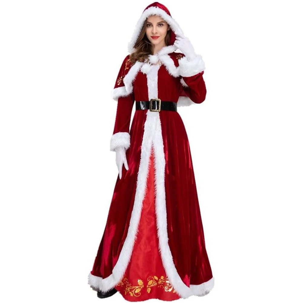 Luxe Rood Fluwelen Kerstman Kostuum Voor Man Vrouwen Kerstfeest Cosplay Paar Kerst Kleding Pak