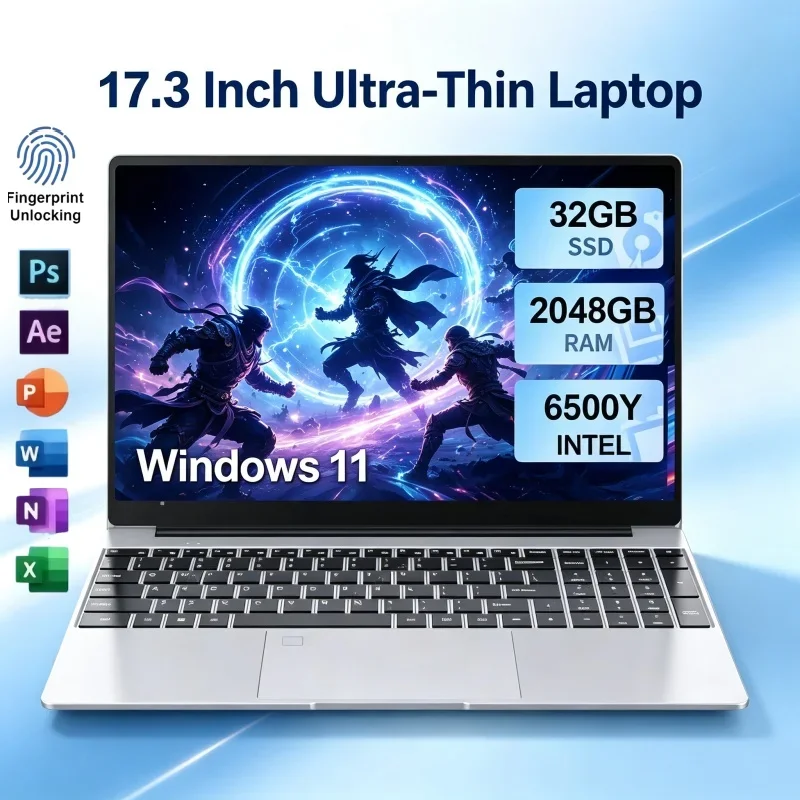 Intel 6500Y 17.3 Inch Large Display Laptop Windows11 32GB RAM 2TB SSD Fingerprint Unlock Notebook PC For Business Game
