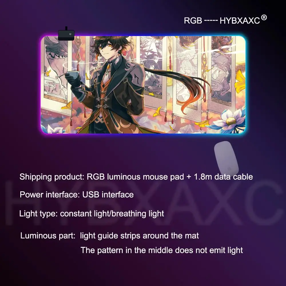

HYBXAXC Zhongli Genshin Impact Коврик для мыши RGB Игровой коврик для мыши Настольный коврик HD Gamer Большой светодиодный светильник XXL 900X400 RGB Коврик для мыши