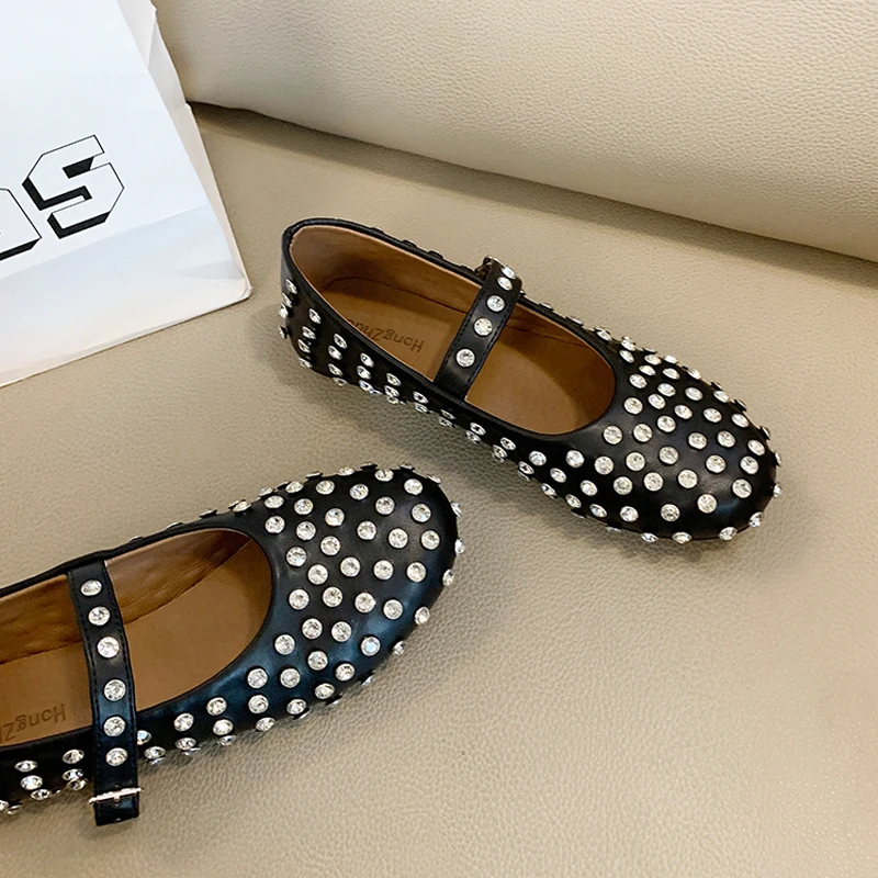 Luxury strass Rivet Ballet Flats donna Brand Design Crystal Studded Mary Jane Shoes Ladies Elegant Bling mocassini Plus Size