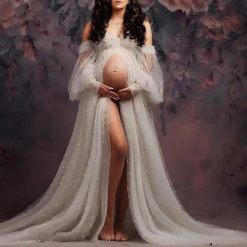 Lightweight Polyester Maternity Long Dress for Comfortable Pregnancy Photo Shoots Feature Stretchy Breathable Fabric A2UB