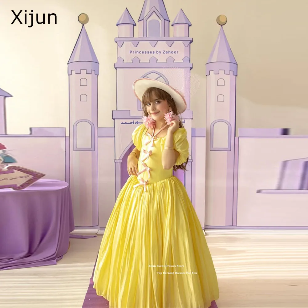 

Желтые длинные платья для девочек Xijun Princess, платья трапециевидного силуэта с бантом и пышными рукавами, платья на день рождения для детей, нарядные платья для девочек, индивидуальный пошив