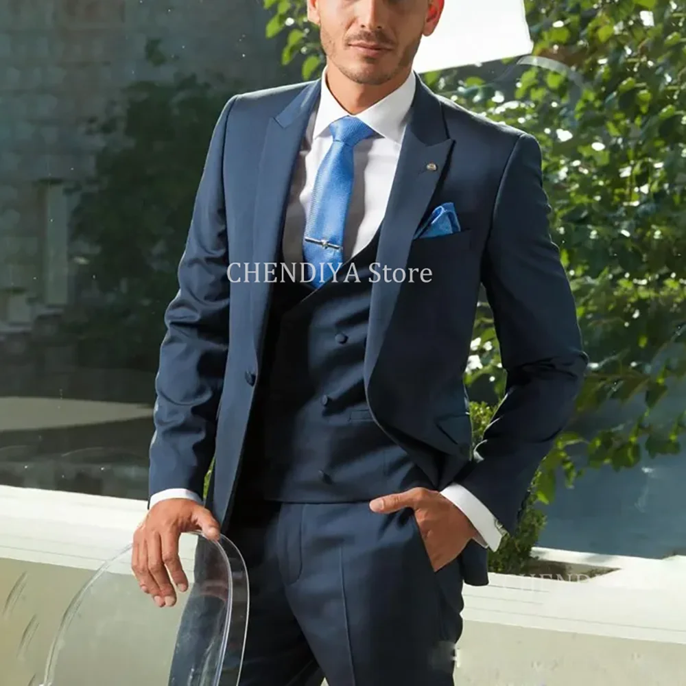 

Dark Blue Business Suits For Men Set Slim Fit 3 Pieces Chic One Button Peak Lapel Solid Color Formal Outfit Jacket Vest Pants