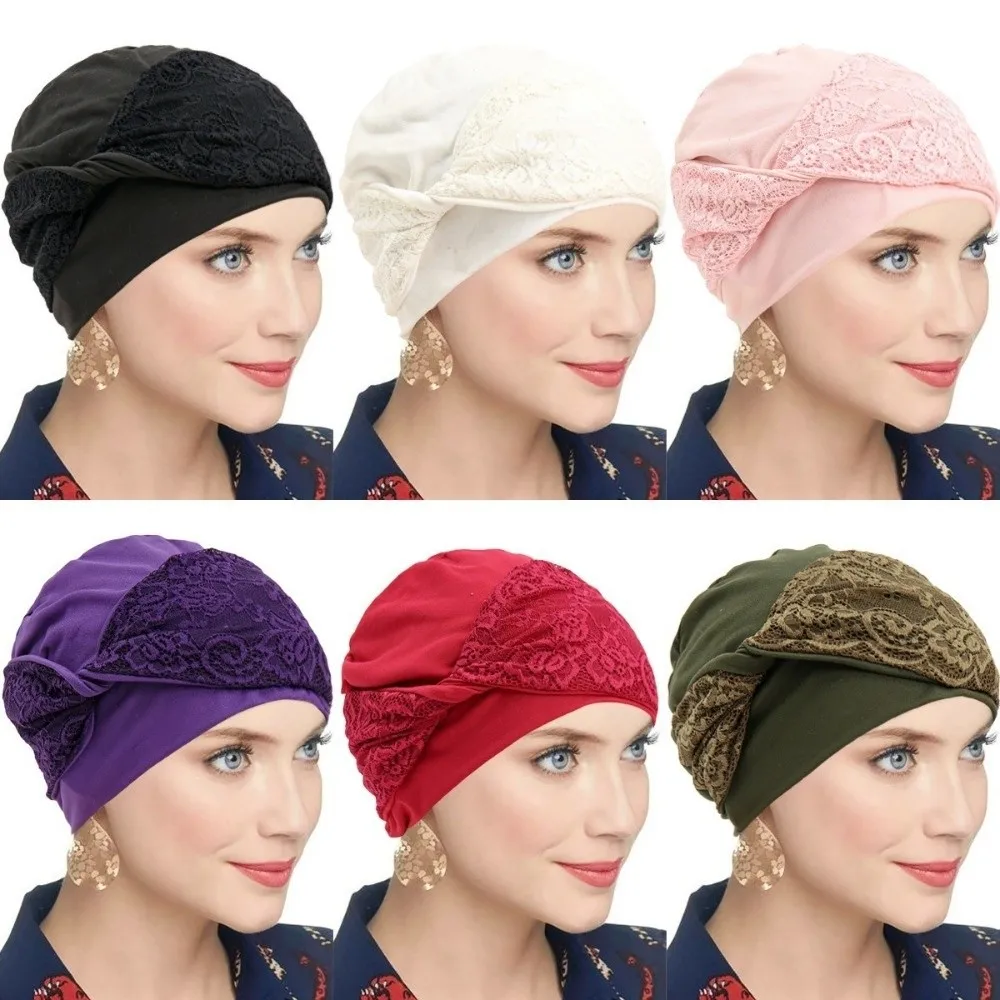 

Trendy Breathable Headscarf Hat Elastic Elegant Chemo Headwear Lace Cross Design Soft Hijab Cap for Women