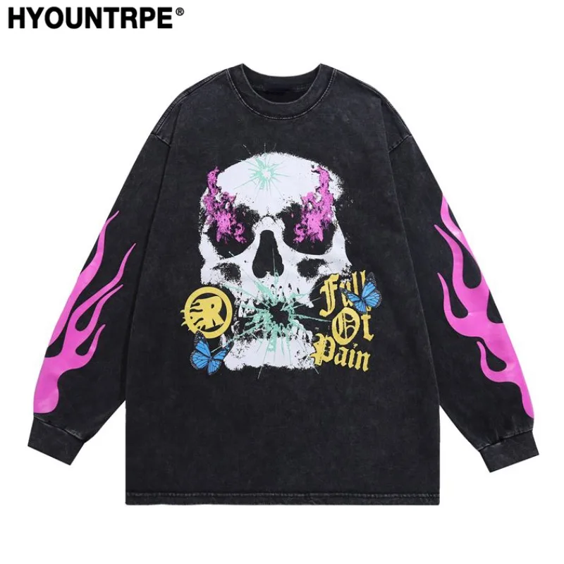 Harajuku Skeleton Fire Printed Retro Distressed Washed T-shirt Hip Hop Oversized Long Sleeve Tshirt Fashion Unisex Y2k Tops Tees