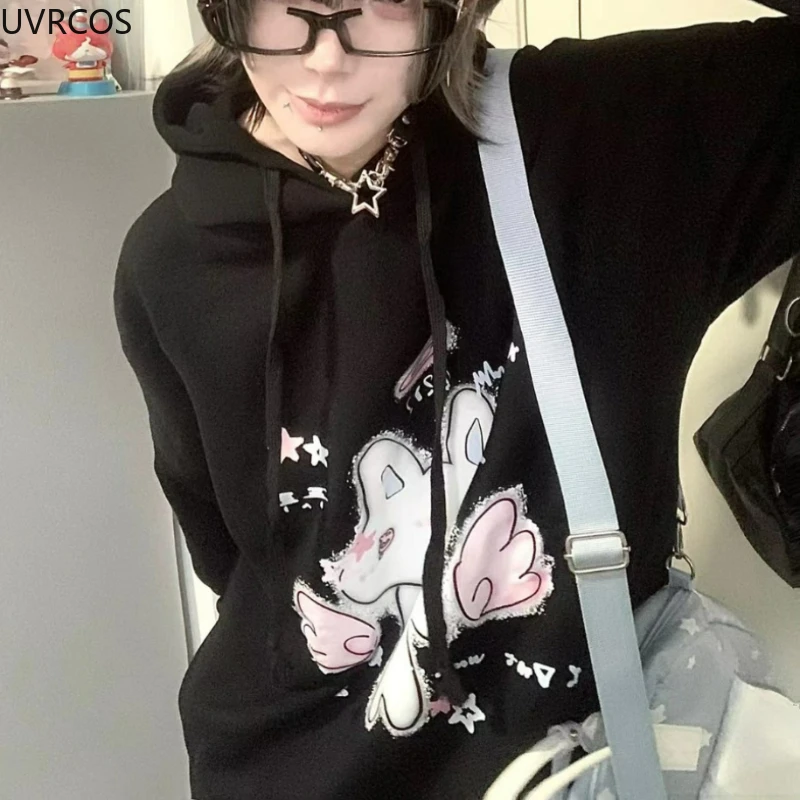 Y2k Aesthetic Cartoon Bunny Print Hoodies Harajuku Women Loose Black Drawstring Coat Gothic Grunge Pocket Streetwear Sweatshirts