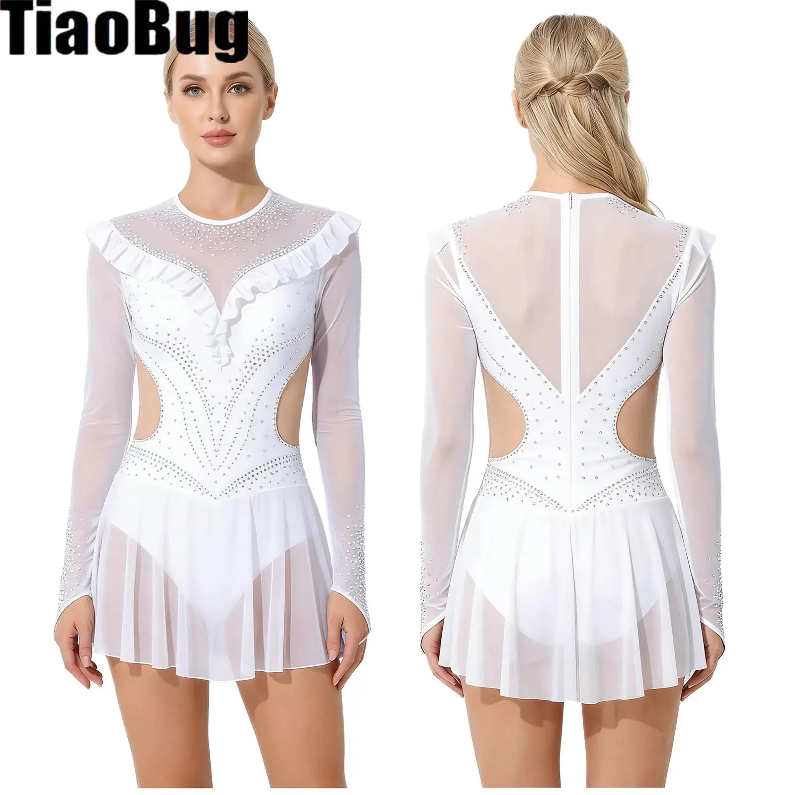 

Womens Latin Dance Dress Rhinestone Mesh Ruffled Trims Leotard with Mesh Skirt One Piece Jumpsuit for Figure Skating Gymnastics