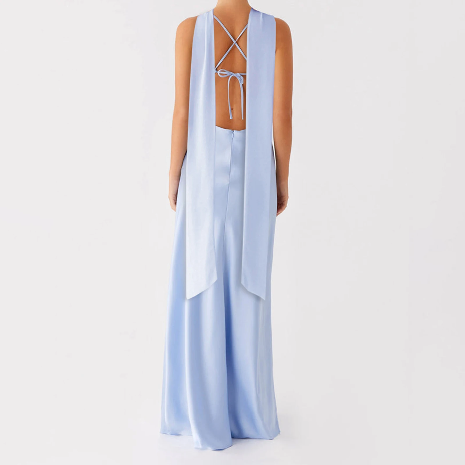 Abito da donna in tinta unita sexy con fasciatura posteriore Party Club Cami Dress Summer Fashion senza maniche con cinturino per spaghetti Abiti lunghi con sciarpa