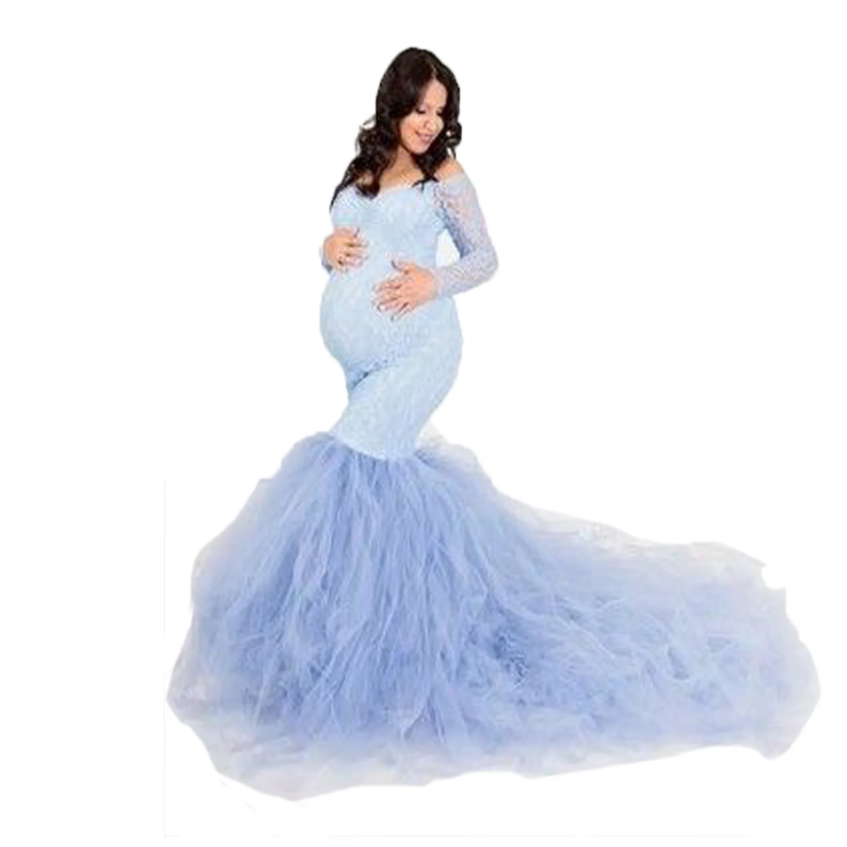 

European & American Pregnancy Women's Long-Sleeve Lace Mesh Maternity Dress Flowy Photoshoot Gown with Train Elegant A Line