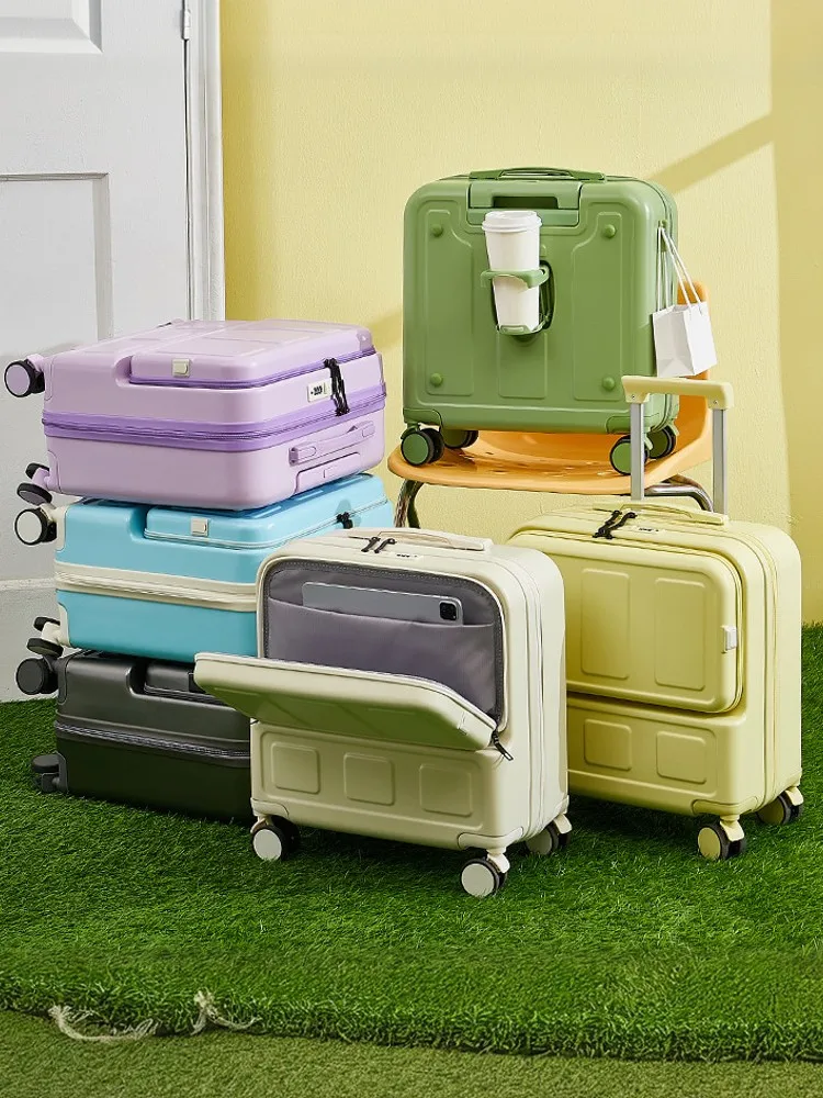 フロントオープン式スーツケース、18インチ20インチ女性用機内持ち込みバッグ、パスワードロック付き軽量ハードシェルキャビンケース、キュート