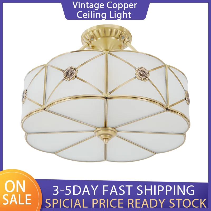 

European Vintage Copper Ceiling Light American Industrial Retro Round Lamp Living Room Bedroom Kitchen Balcony Lighting Fixture