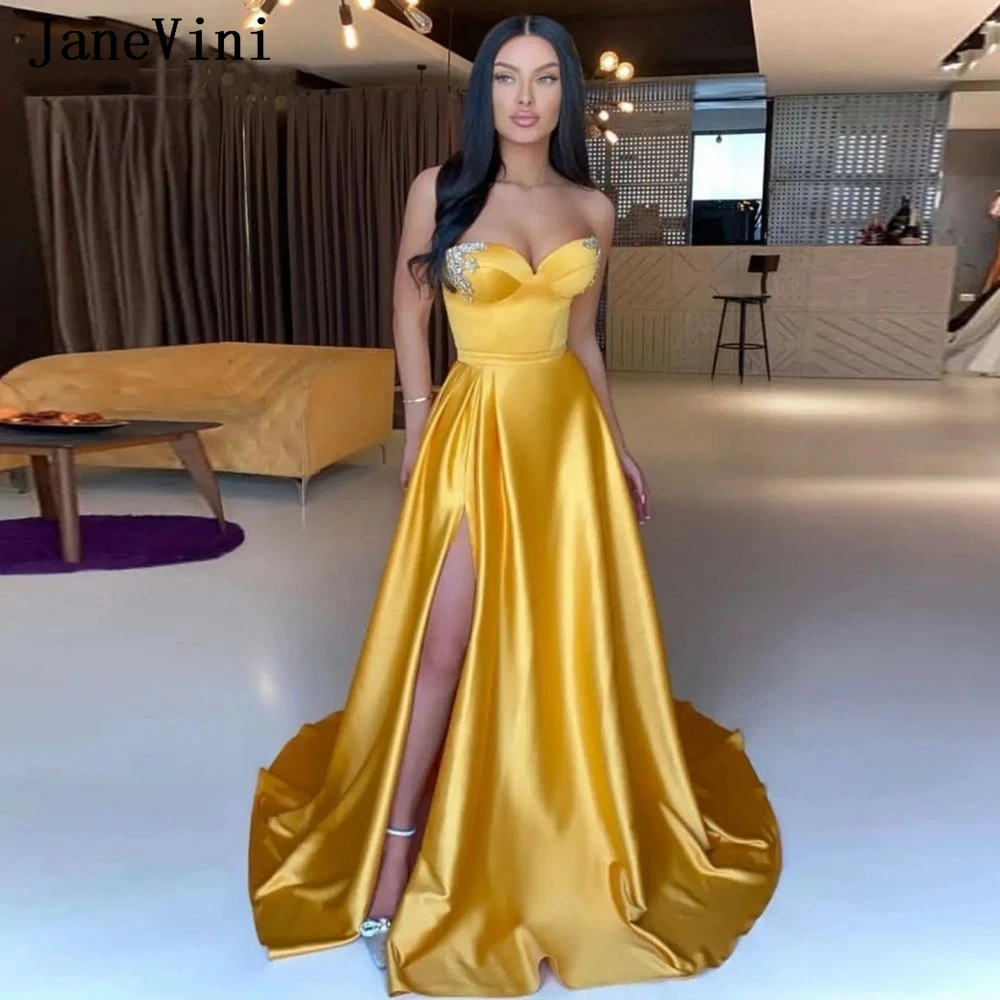 

JaneVini Gold Satin Prom Dress for Women 2023 Sweetheart Beaded Elegant A-Line Side Slit Evening Party Gowns Long Ceremony Wear