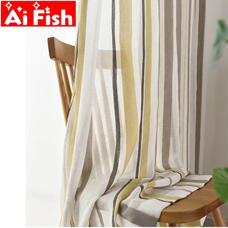 Modern Stripe Impermeable Cotton and Linen Window Curtain Tulle Nordic Thick Partition Semi-Shading Living Room Sheer Drapes#4