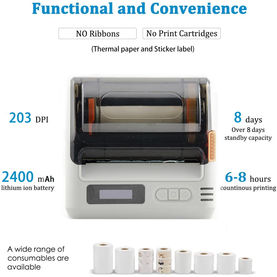MJ8001 80mm Portable Mobile Label Blue Tooth Thermal Receipt Barcode Label Printer