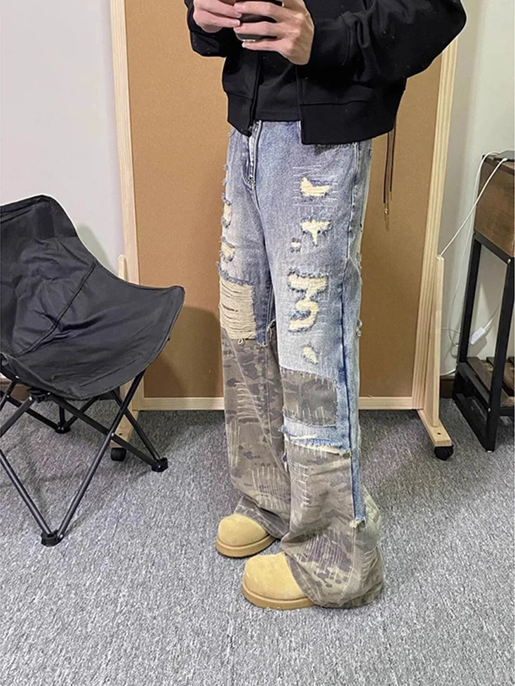 Korean version New Fashion Vintage Men's Loose Casual Trendy Hole Patched Simple Basic Denim Trousers Male Jeans Pants Clothes