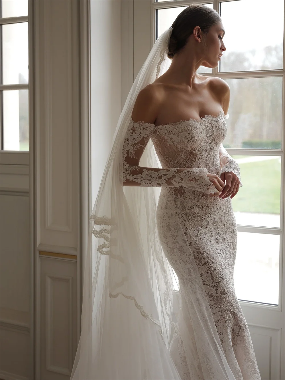 Tóquio personalizado branco fora do ombro vestidos de casamento mangas compridas voltar zip tribunal trem vestidos de noiva sereia vestidos de casamento