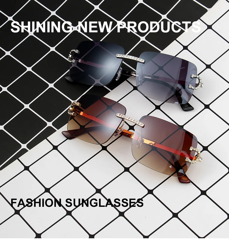 Kenbo Neue Randlose Rechteck Sonnenbrille Frauen Männer Shades Marke Designer Blingbling Diamant Sonnenbrille Retro Rahmenlose Sonnenbrille – Detail 1