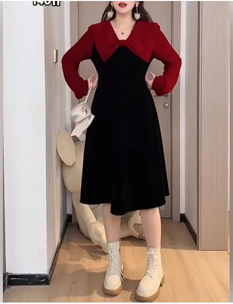 Ragazza di grandi dimensioni Colori contrastanti Dolce fiocco con scollo a V Abito di giunture Autunno Inverno Elegante vita alta A-line Abiti a maniche lunghe