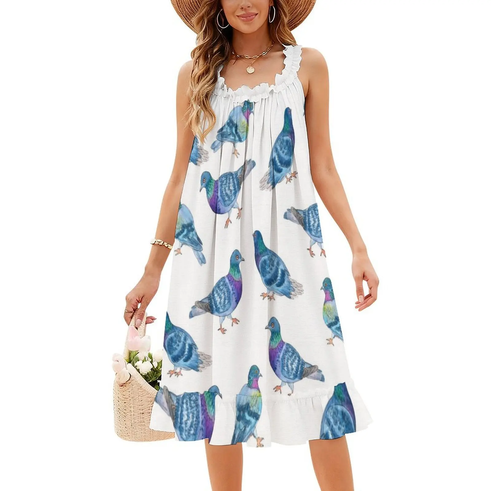 Robe smockée florale de Pigeons peints par l'eau pour femmes, tenue décontractée de printemps et d'été pour fête, motif aquarelle de Pigeons