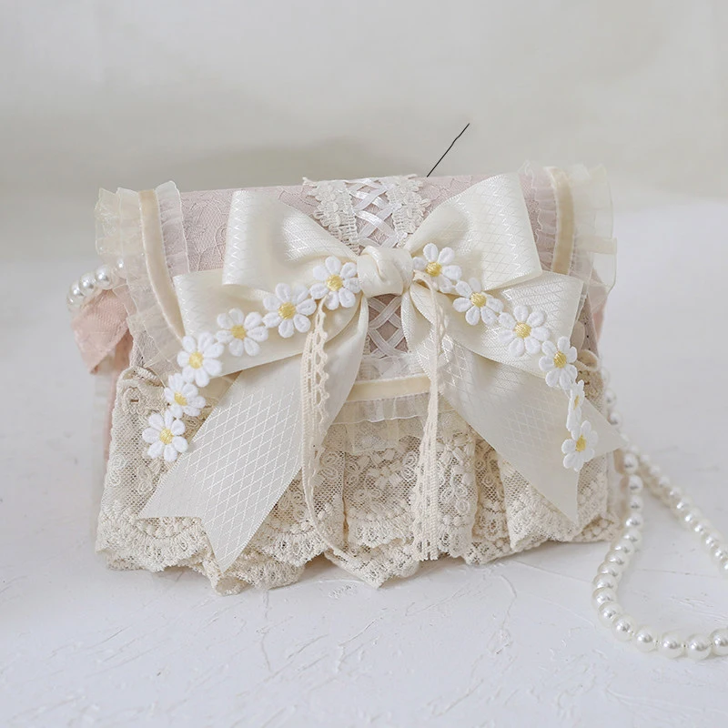 

Forest Style Girl Lolita Elegant Flower Handbag Lace Satin Ribbon Bow Chain Crossbody Bag Exquisite Pearl Chain Shoulder Bag