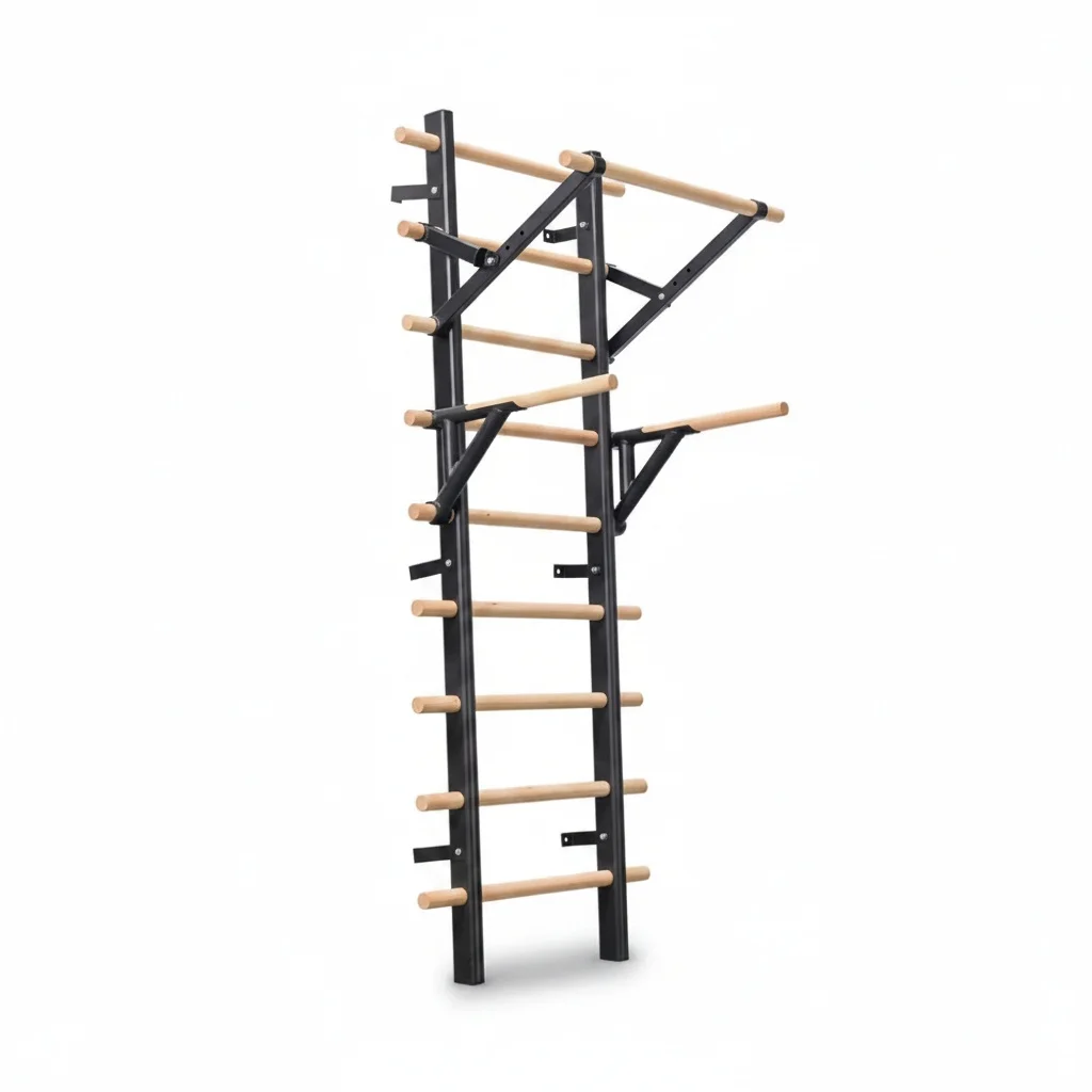 

Swedish Ladder Wood Metal 800 x 185 x 1979 mm, Wooden Stall Bars with Pull Up Bar, Wall Mounted Gym Pilates Rib Frame Set