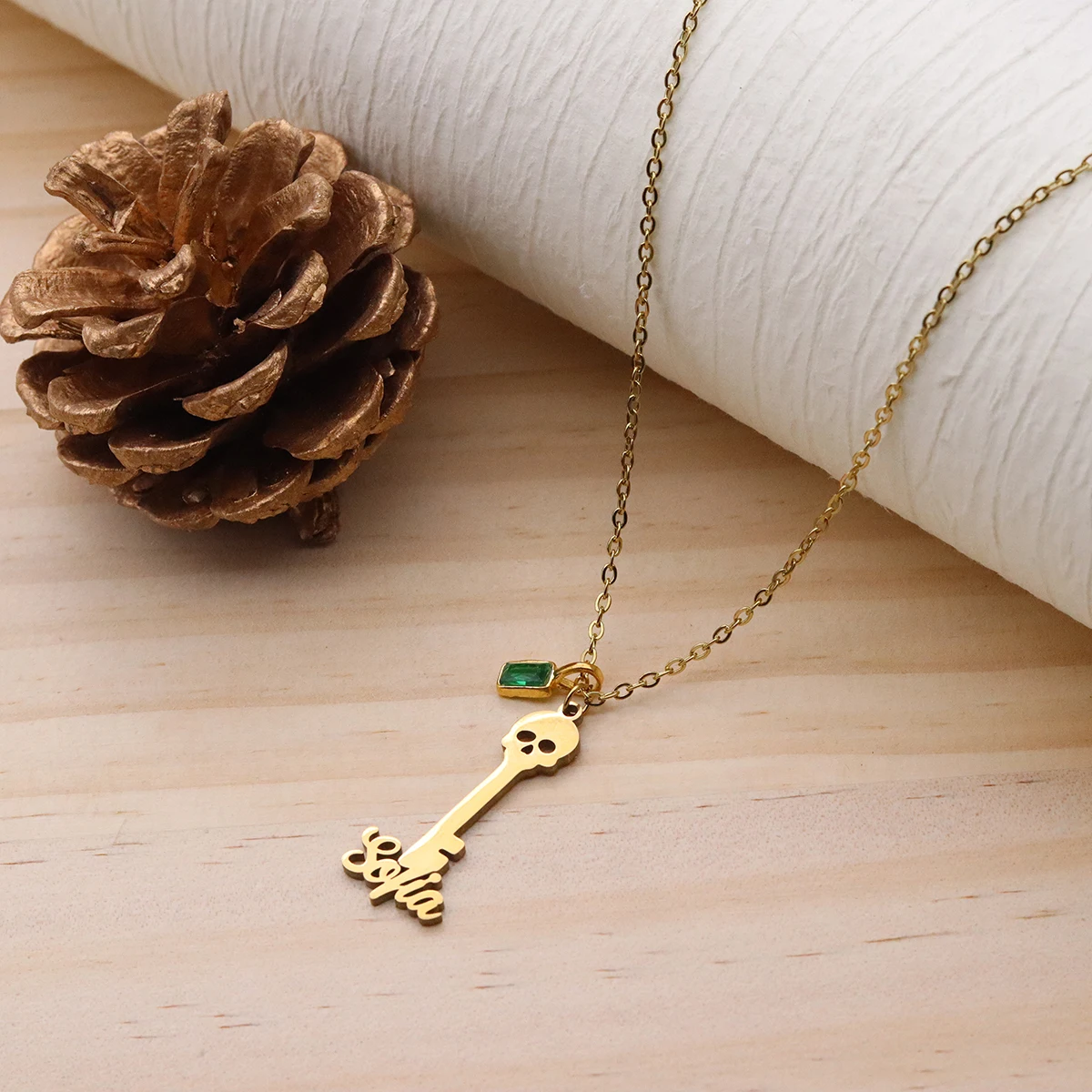 QIAMNI Personalized Custom Name Key Shape Pendant Stainless Steel Gothic Skull Birthstone Necklace Halloween Party Jewelry Gift