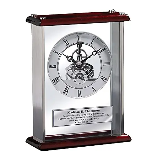 Employee Award Gear Encase Engrave Desk Clock Recognition Retirement Gift | Personalize Engraving Plaque Silver Davinci